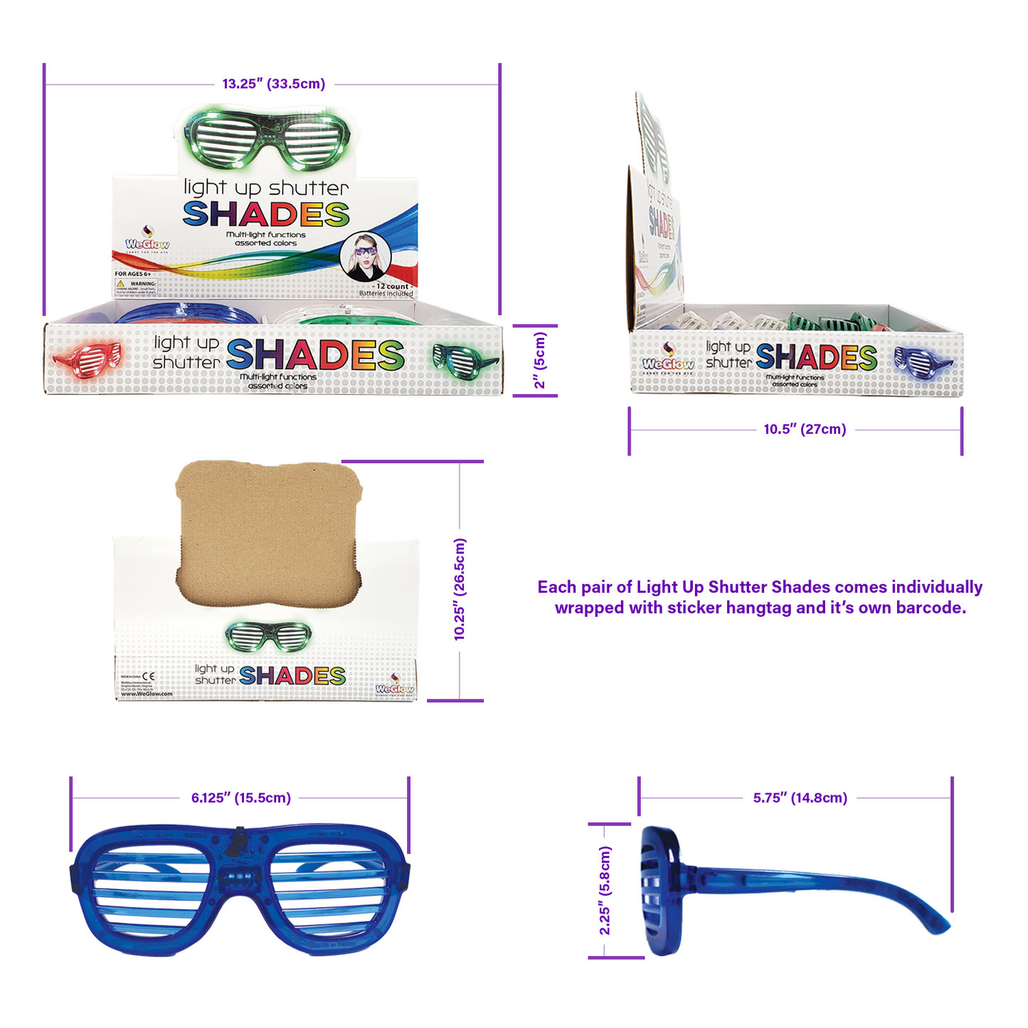 Light Up Shutter Shades | LED Glasses | 12 Pack with Batteries