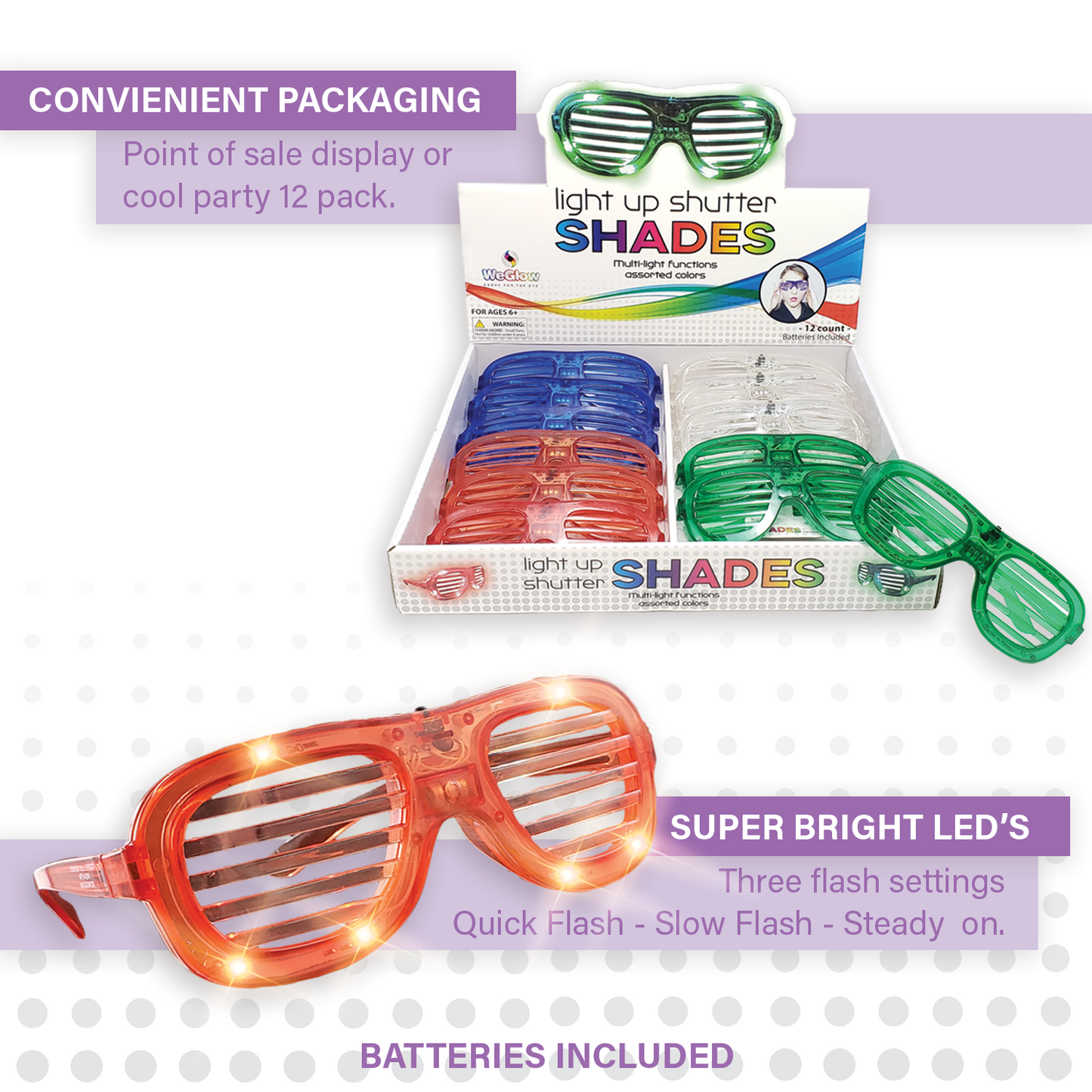 Light Up Shutter Shades | LED Glasses | 12 Pack with Batteries